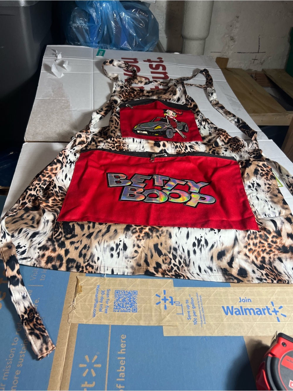 Betty Boop Leopard Print Kids Apron with Red Patch Pockets